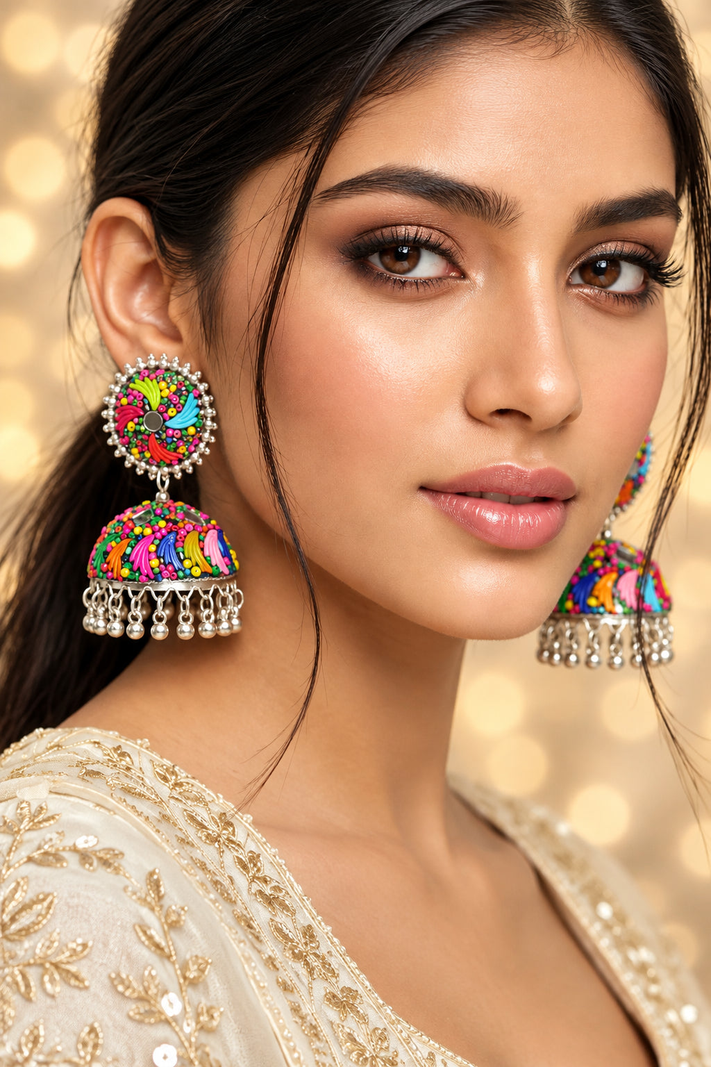 Woman wearing vibrant multicolor hand-painted mirror-work silver jhumka earrings with ghungroo bells, ethnic Pakistani Indian bridal party jewelry — Famaza Couture.
