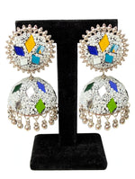 Handcrafted multicolor mirror jhumka earrings: white seed bead base, cobalt blue, bright yellow, turquoise, emerald green & silver mirror inlay, silver bead halo, polished ghungroo drops — traditional Pakistani & Indian festive jewelry.