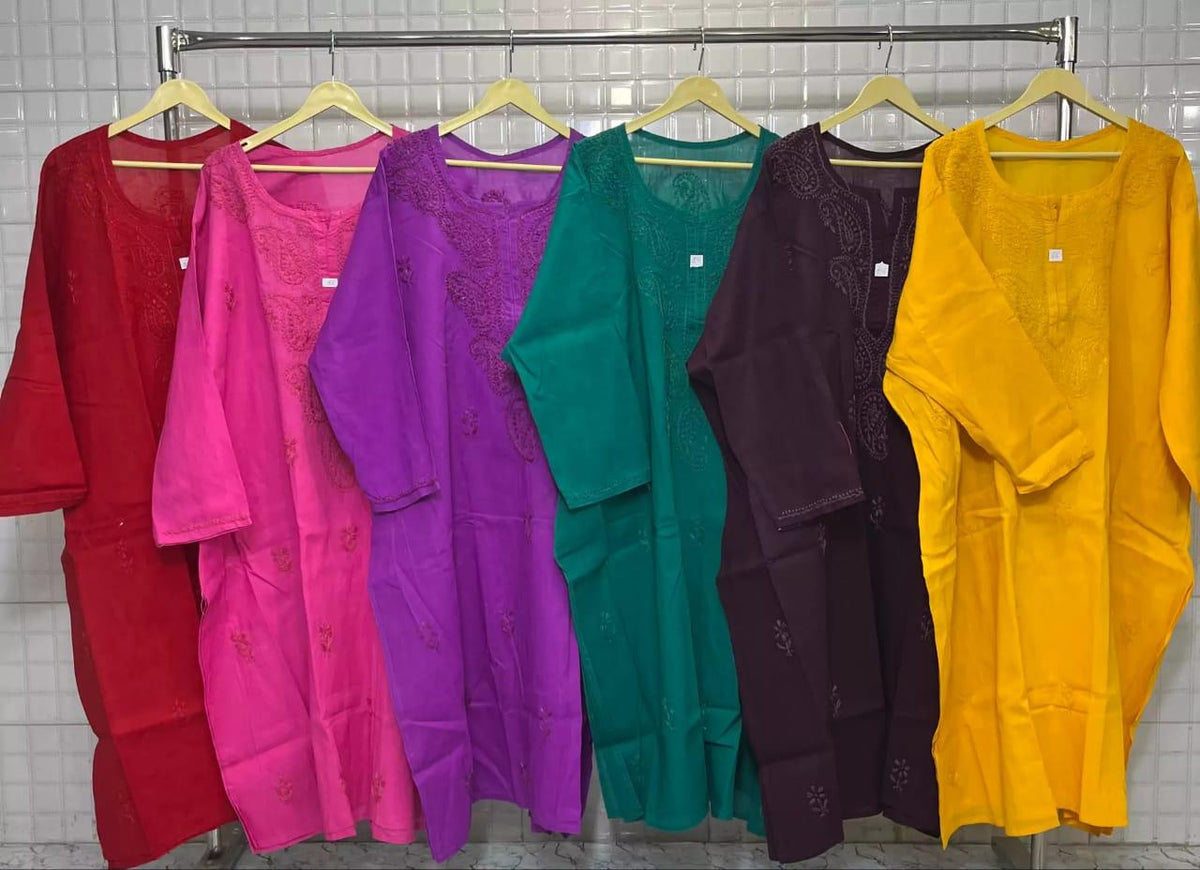 Multiple colours cotton fabric hand embroidered plus size long kurtas for woman 