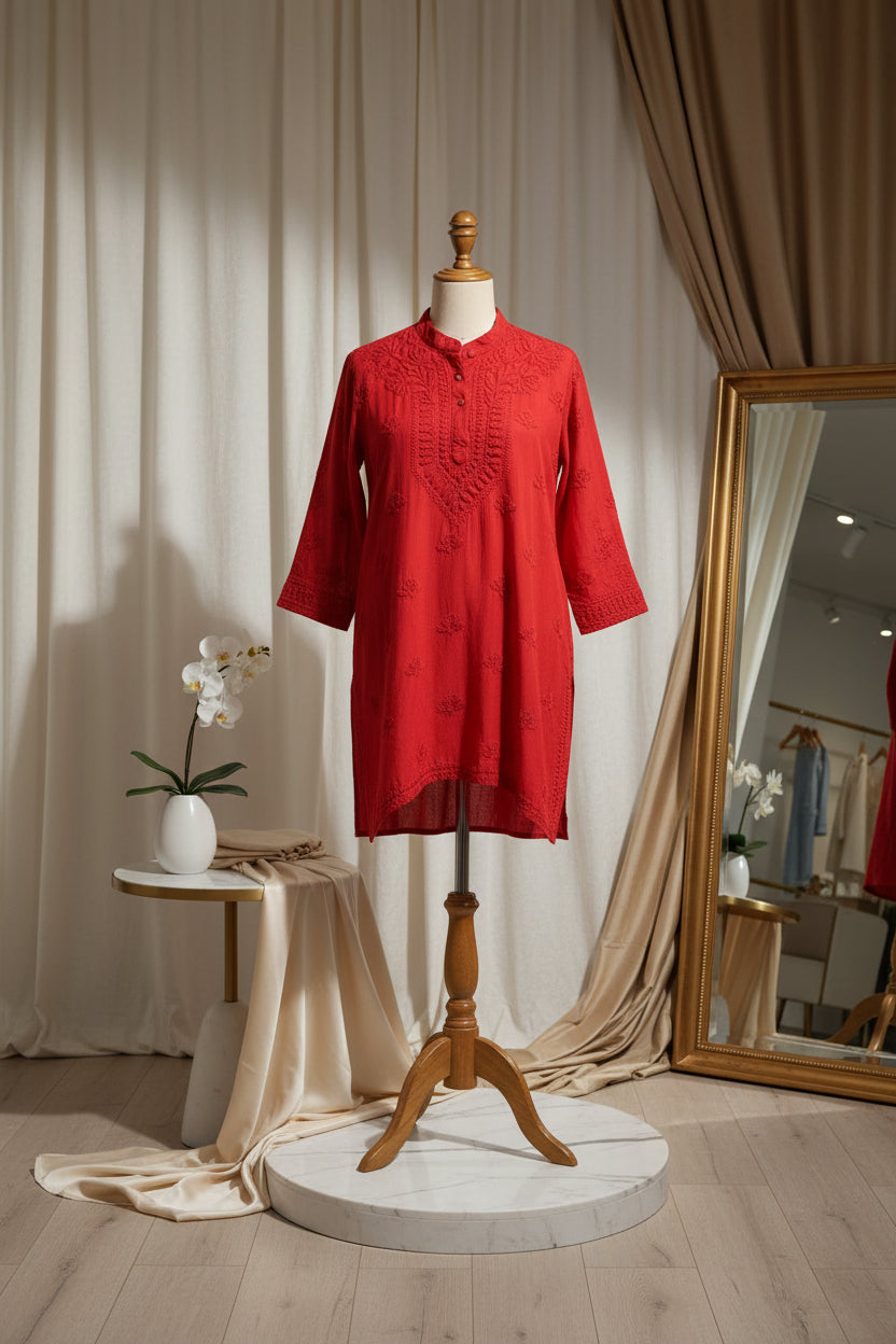 Muslin fabric red Chikankari short length kurti with collar and buttons, featuring intricate hand embroidery with floral motifs by famaza couture 