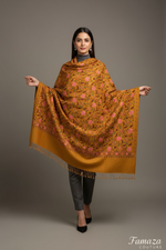 Mustard colour shawl with multi coloured thread embroidery 