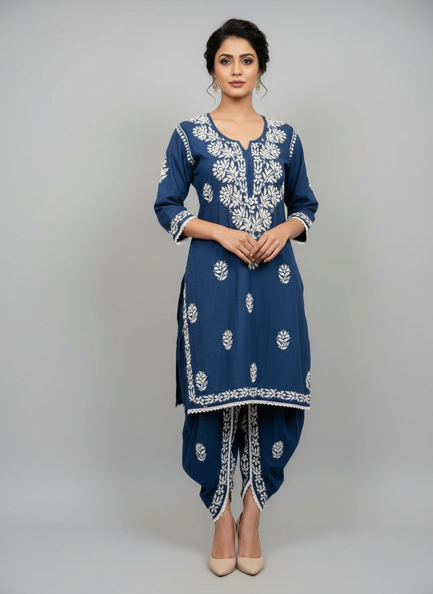 Navy Blue colour cotton fabric kurti and dhoti trousers back side design is showing in this image.