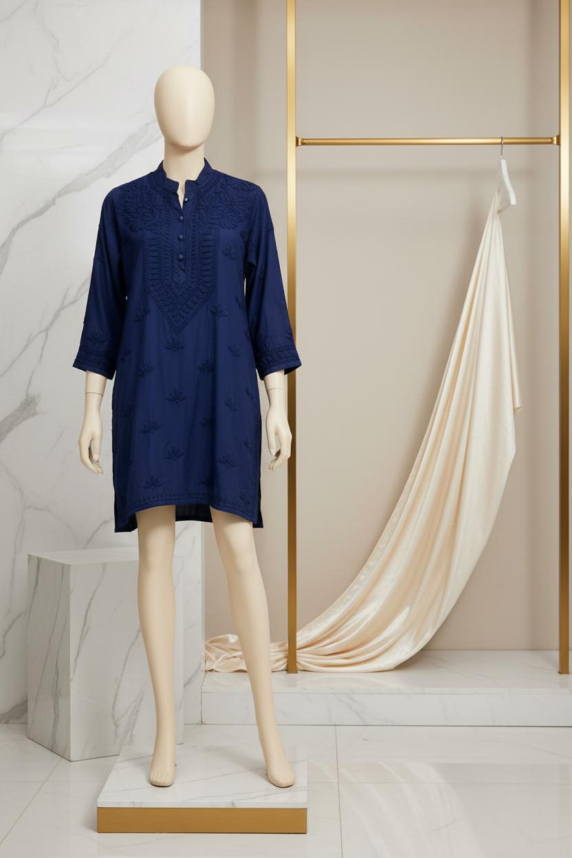 Navy blue short kurti with tone to tone hand embroidery 