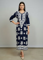 Navy colour modal fabric 46 inches long kurti with white hand embroidery on all over the kurti and sleeves. 