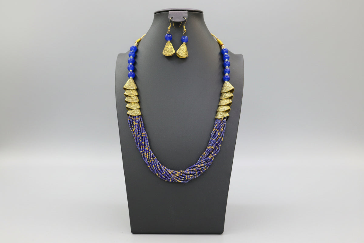 Necklace and earrings with blue and gold beads 