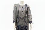 Net fabric in grey and navy blue two tone 3pcs Pakistani dress with hand embellishments on all over kurti and dupatta with plain grey silk straight trousers 