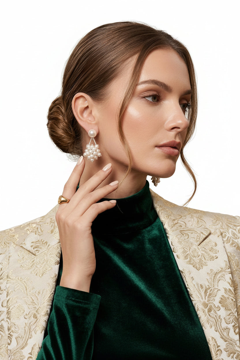 A woman in an elegant room wearing a dark green velvet turtleneck, a beige patterned blazer, and a pearl drop earring, posing with her hand near her face.