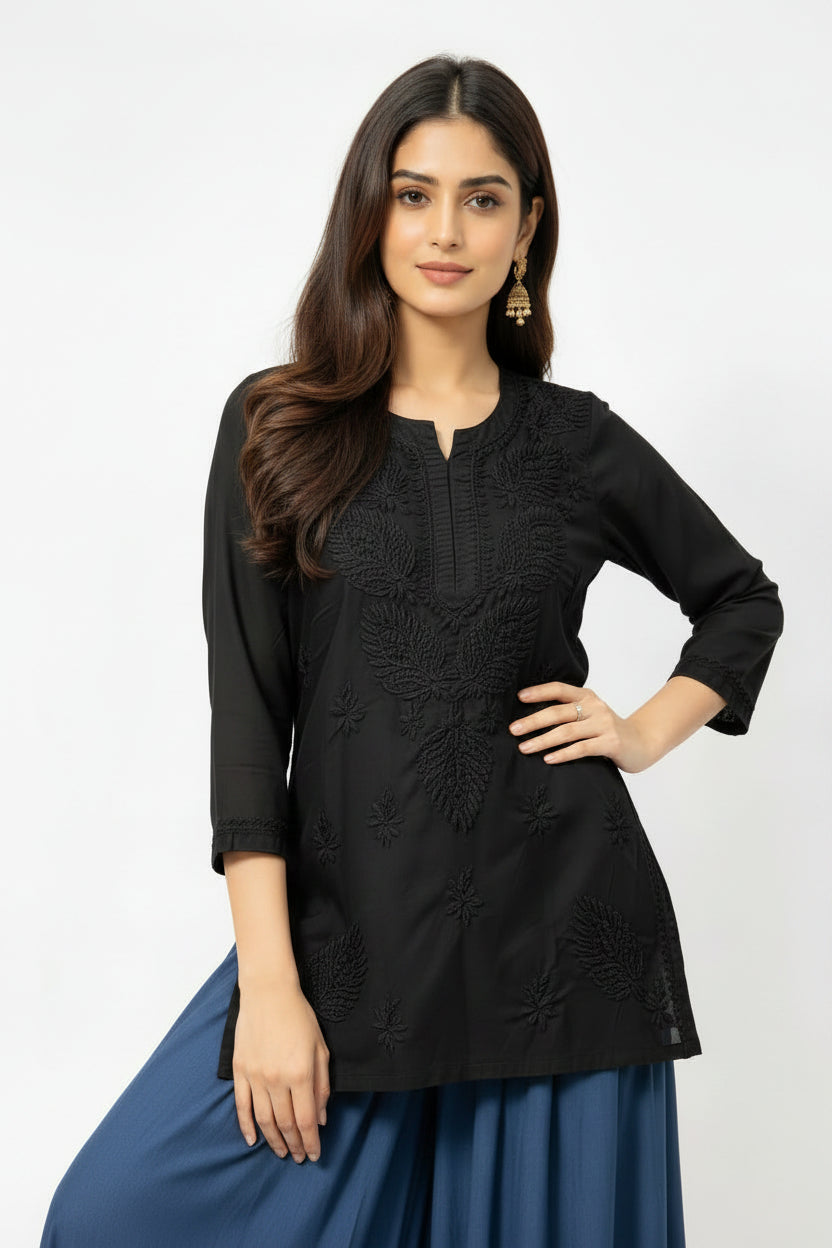 The Nita Lucknowi Chikankari Cotton Tunic Front View - Famaza Couture