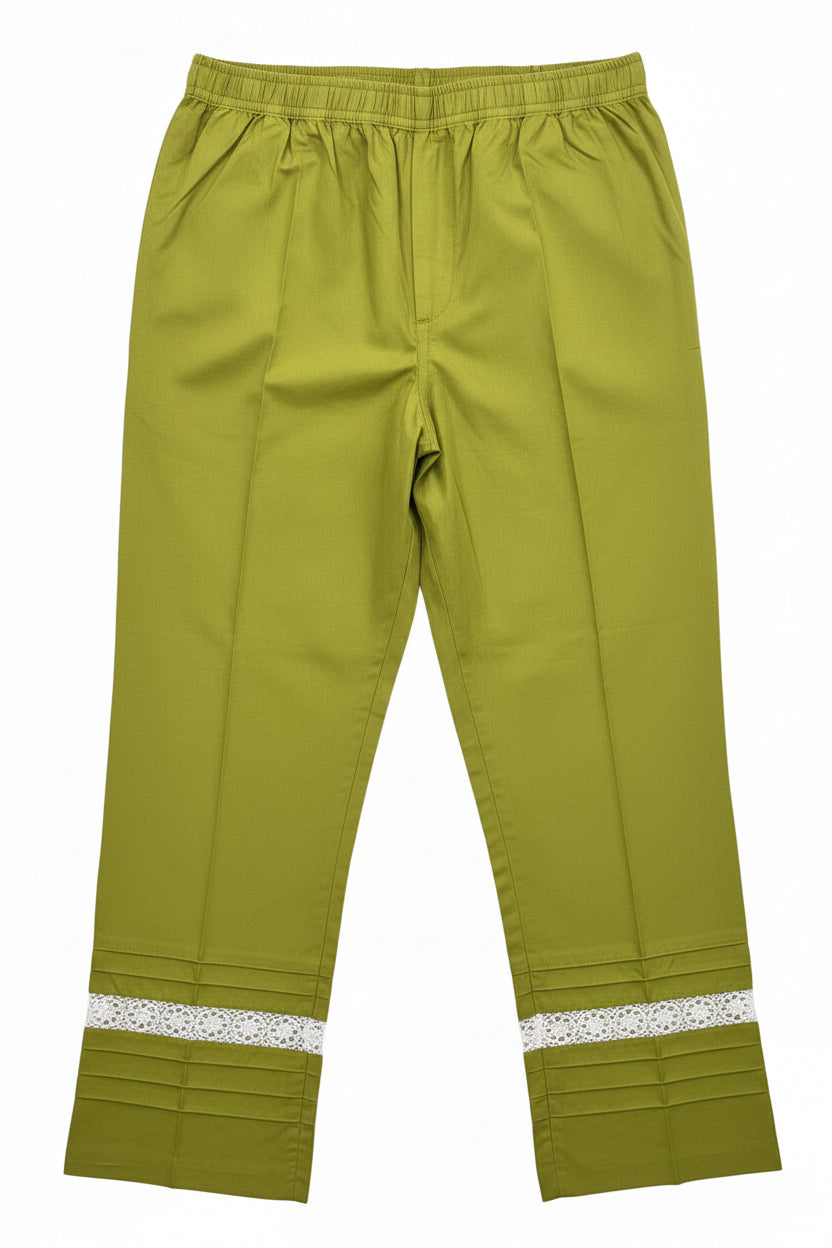 Olive Green colour trousers in double fold is displayed to show the white lace design in the bottom of the trousers. 