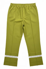Olive Green colour trousers in double fold is displayed to show the white lace design in the bottom of the trousers. 