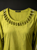 Olive green top neck design is focused. 