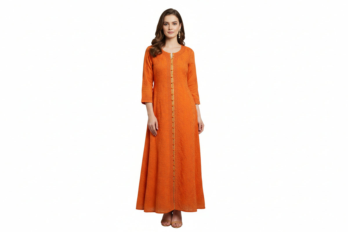 Orange A line 53" long hand embroidered kurti