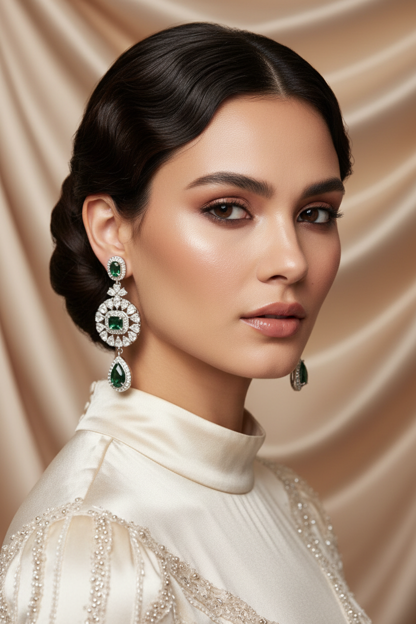 A close-up portrait of a woman wearing a pair of dramatic drop earrings with green stones and clear crystal-like settings, paired with a cream satin high-neck top against a draped beige fabric background.