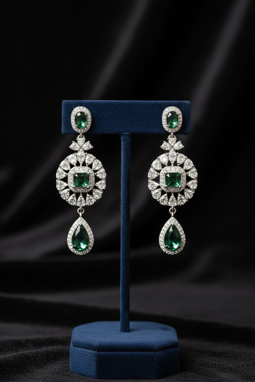 A pair of ornate drop earrings displayed on a blue velvet jewelry stand against a dark draped fabric background. The earrings feature round and teardrop-shaped emerald-cut green gemstones surrounded by small clear stones in a silver-toned setting.
