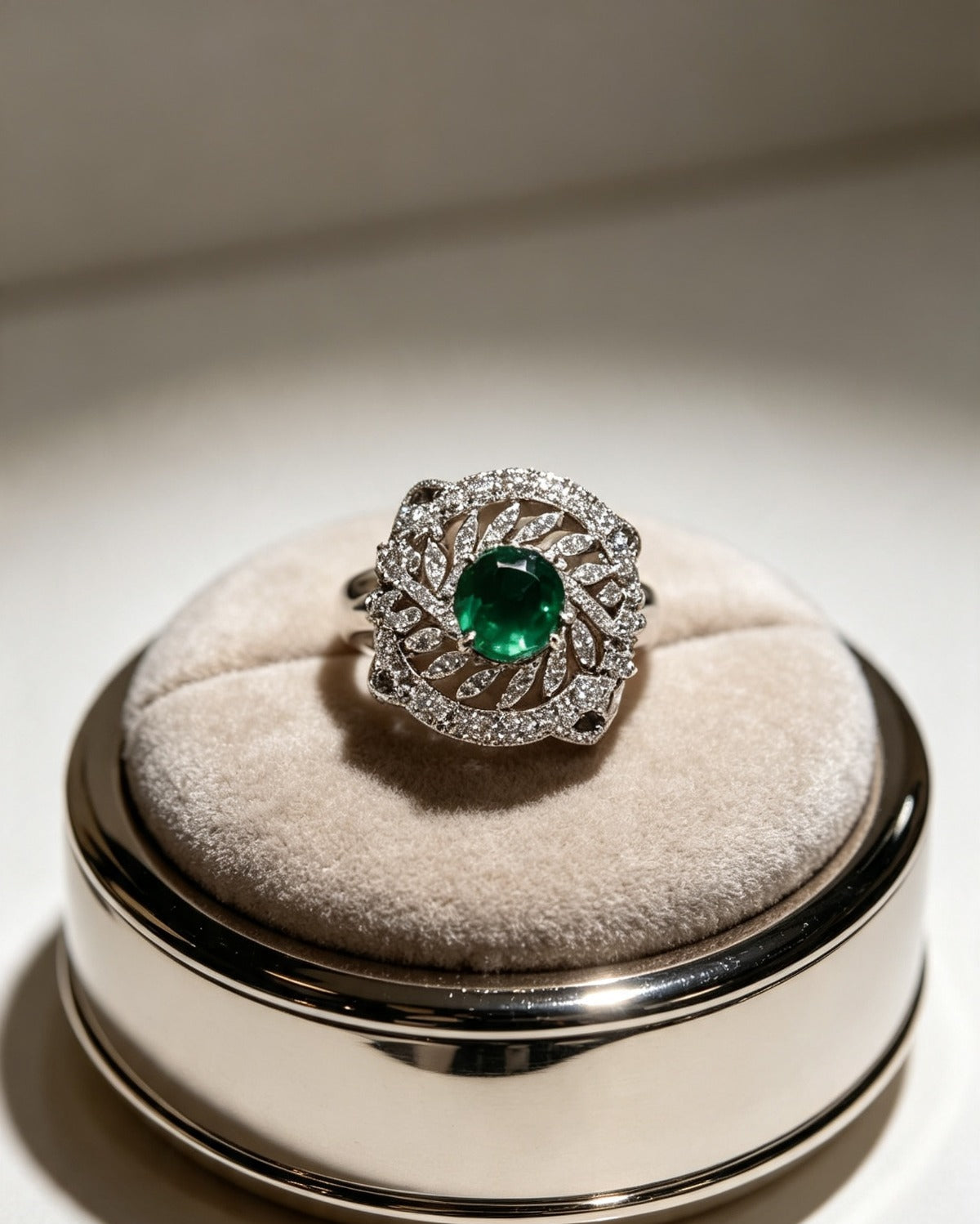 Luxurious silver-plated halo cocktail ring with a round vibrant emerald green center stone, surrounded by marquise and round-cut cubic zirconia accents in an intricate filigree design, displayed on a premium velvet ring stand, elegant women's AD jewelry.