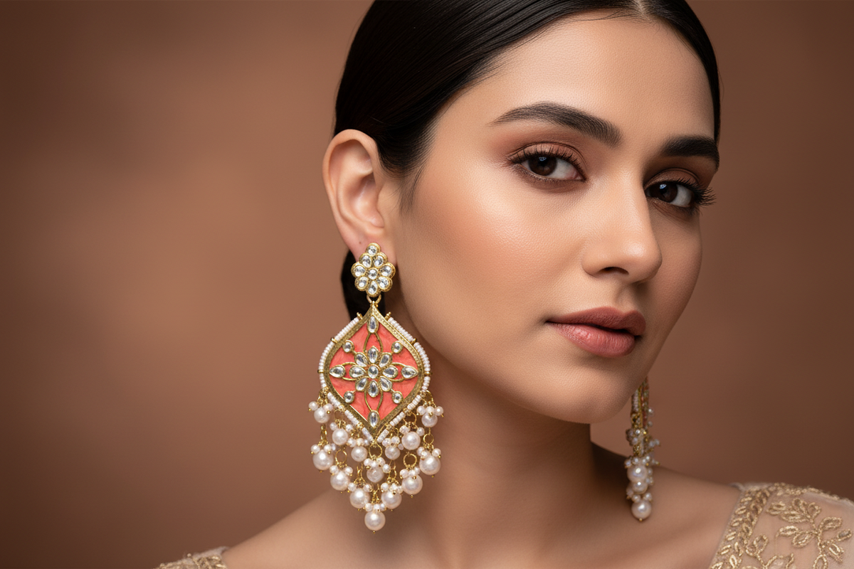 Ornate earrings with peach centre, gold accents, and pearl-like beads on a brown background