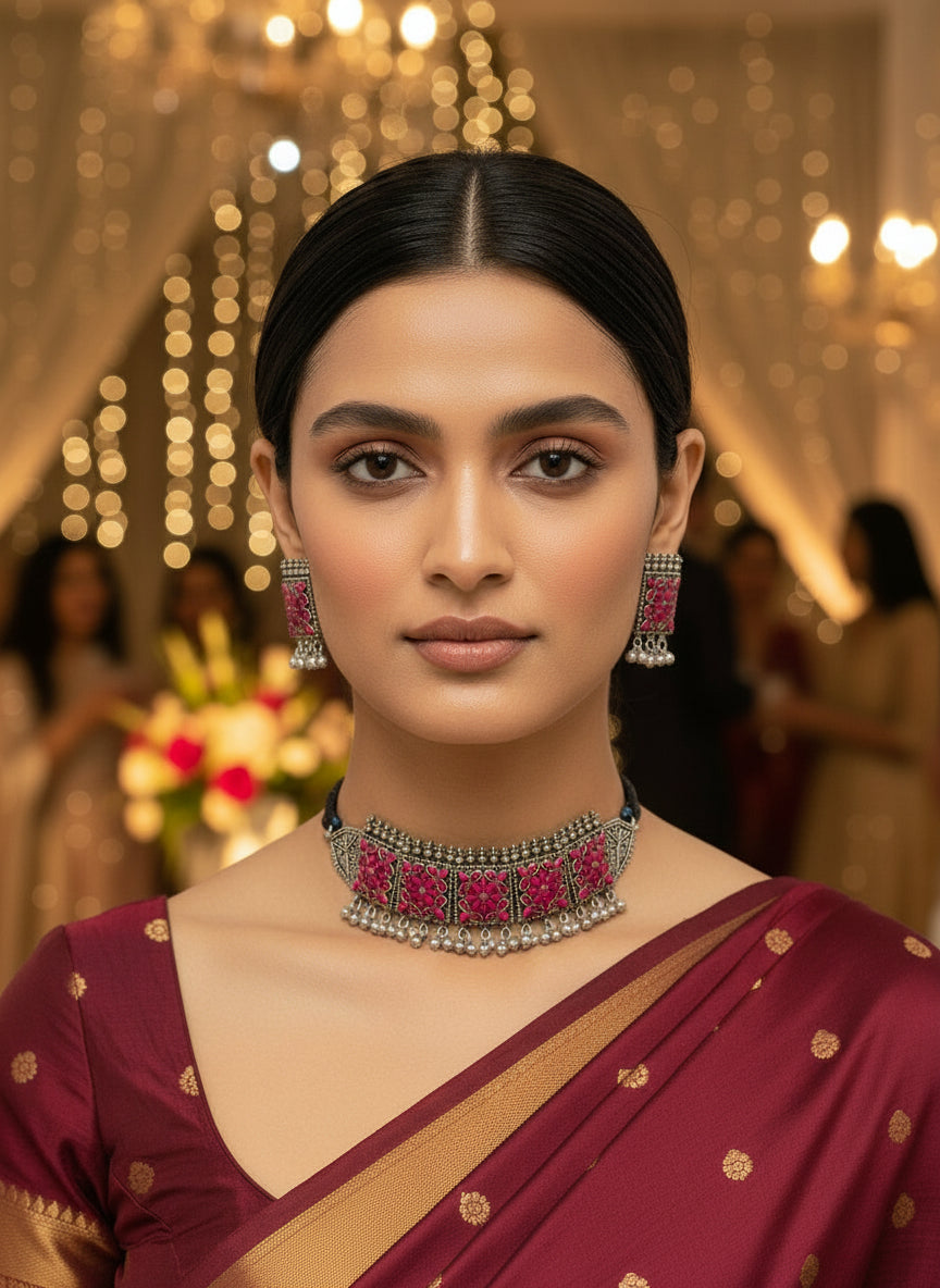 Necklace and earrings set with pink and silver design on a black stand.