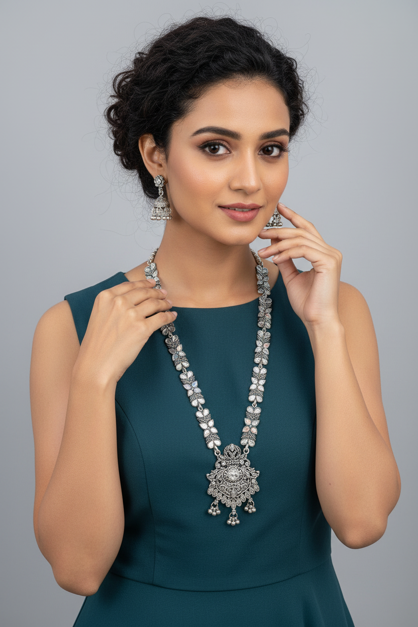 Silver Oxidised Long Necklace Set with Kundan Accents & Jhumkas | Ethnic Bridal & Party Wear