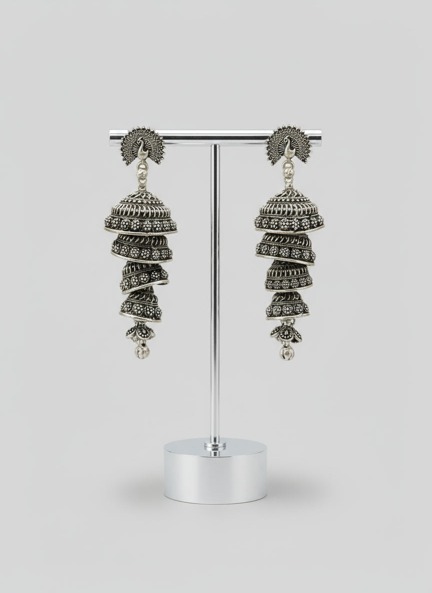 Peacock style jhumka oxidised silver dangle earrings 8cm