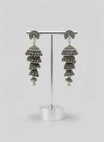 Peacock style jhumka oxidised silver dangle earrings 8cm