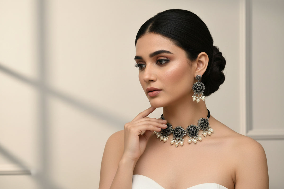 Oxidised silver choker necklace and earrings jewellery set
