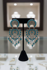 Oxidised silver earrings with blue stone detailed design