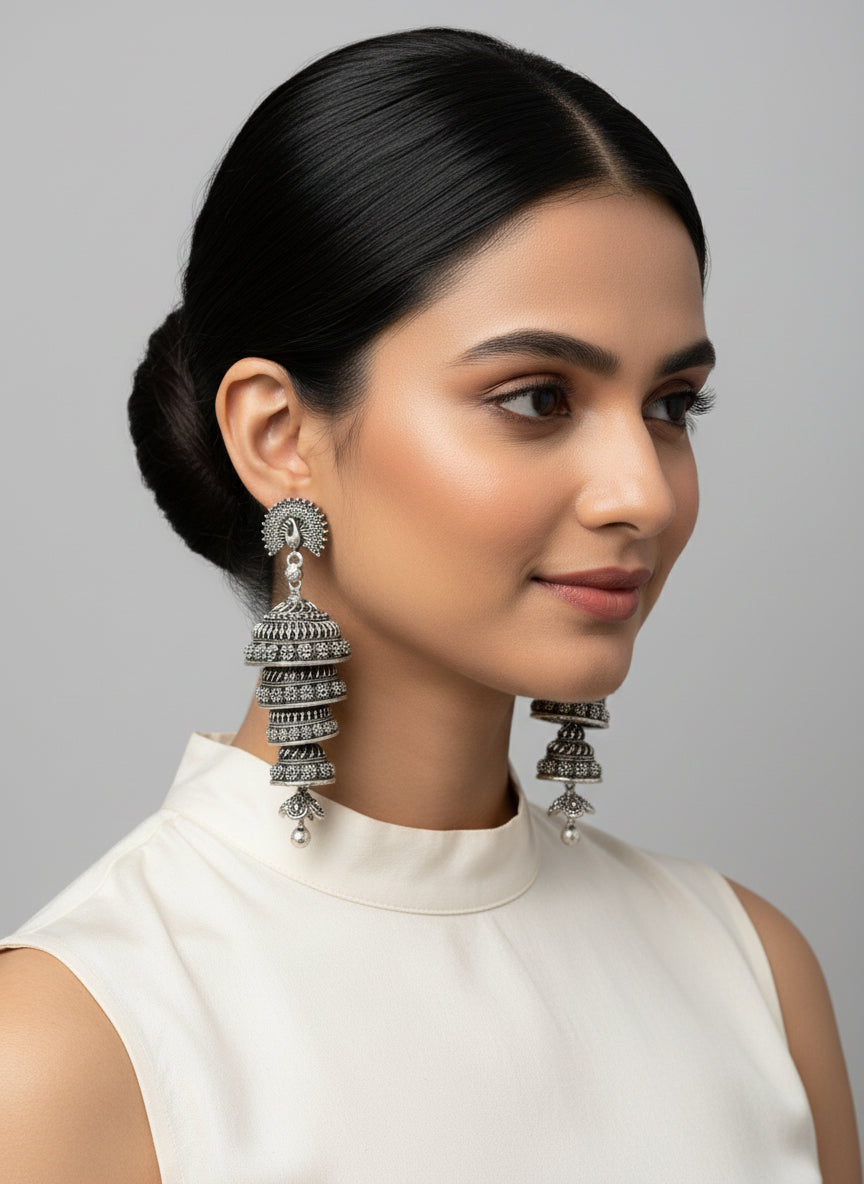 Long oxidised silver chandelier earrings for party wear