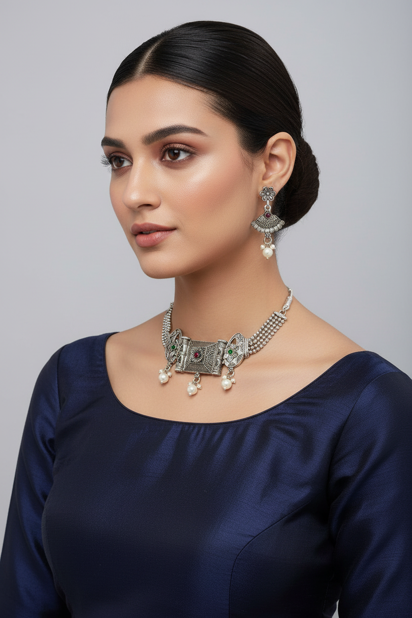 Oxidised silver plated choker set with matching earrings on model in London UK
