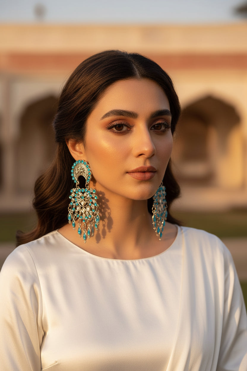 Oxidised sky blue stone dangling earrings festive party wear UK