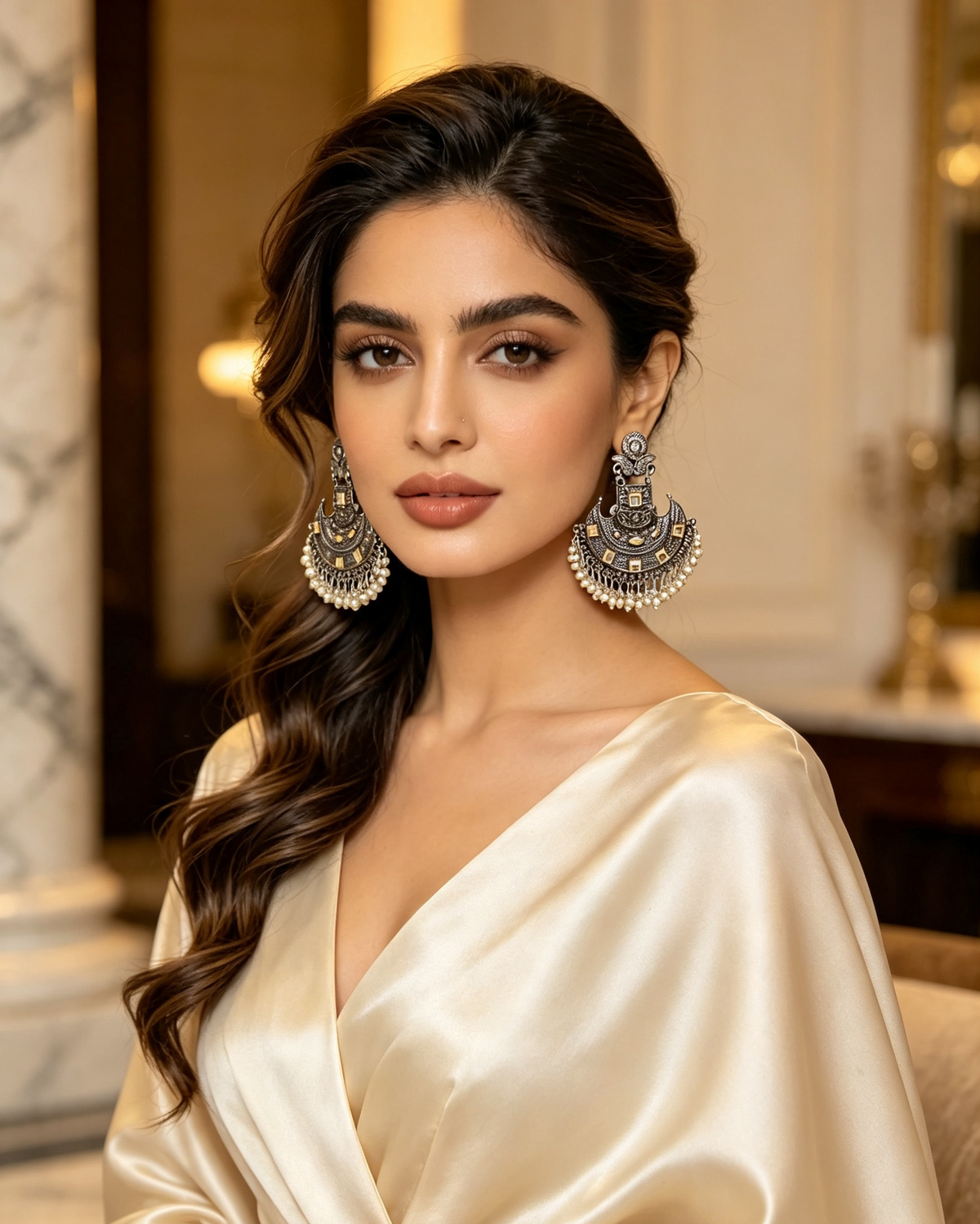 Oxidized antique silver kundan stone chandbali earrings with pearl fringe, worn by model in cream gold satin outfit, luxury Pakistani Indian bridal statement jewelry in marble palace interior.