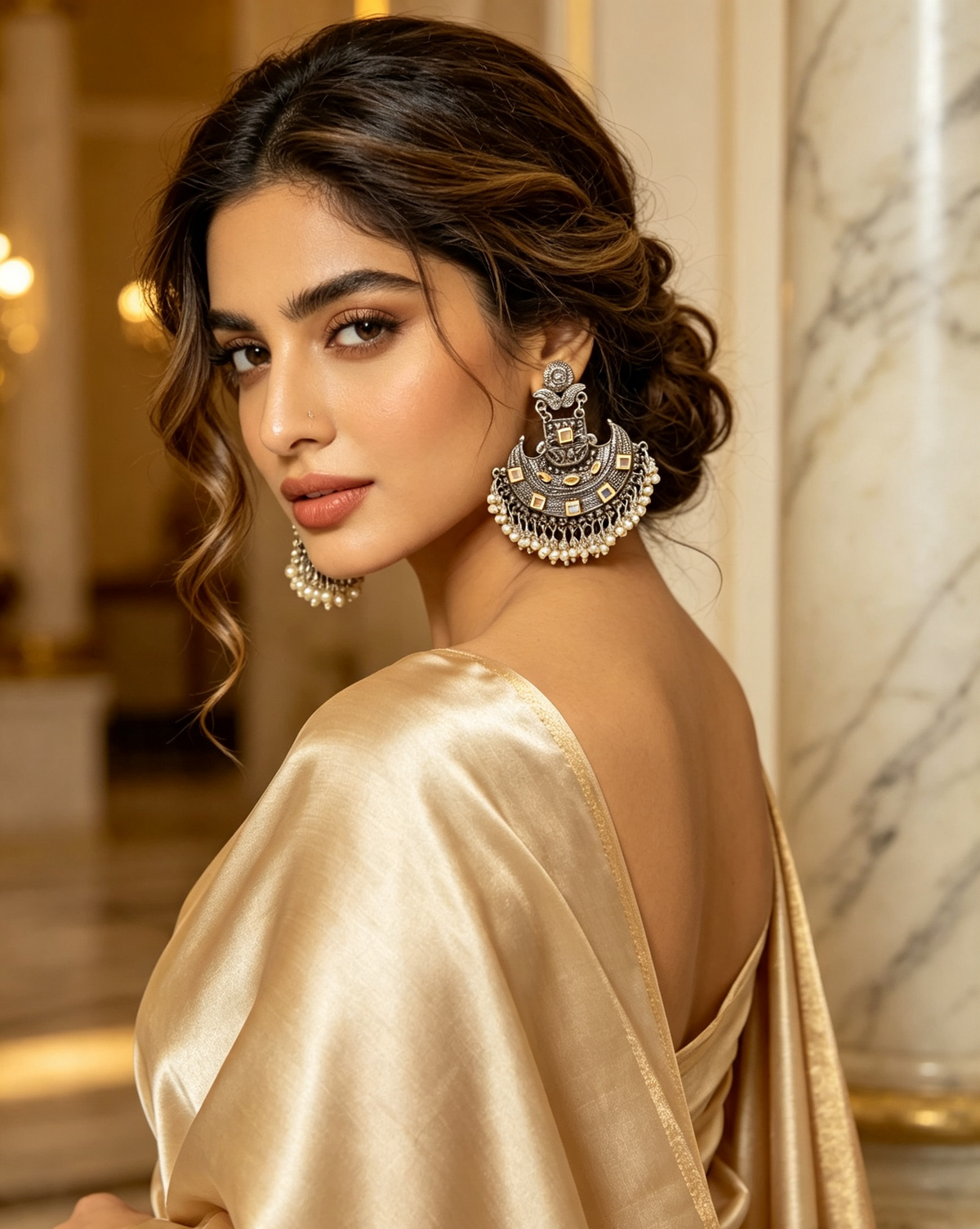 Oxidized silver kundan stone chandbali earrings with pearl fringe, antique silver Pakistani Indian bridal statement jewelry worn with cream gold silk outfit in luxury marble hall.