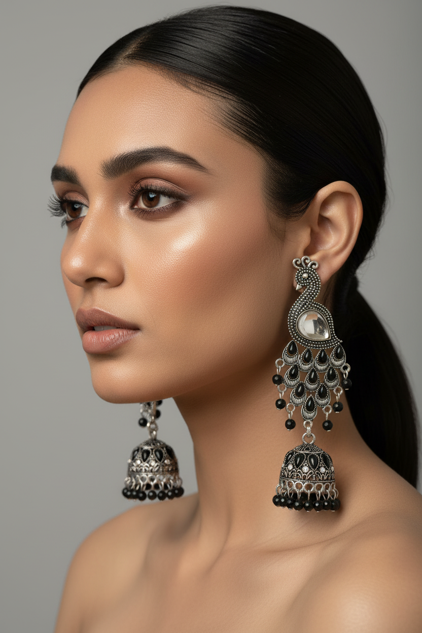 Oxidized silver traditional jhumka earrings featuring an intricate peacock motif studded with black stones and hanging black beaded accents, exclusively at famaza couture.