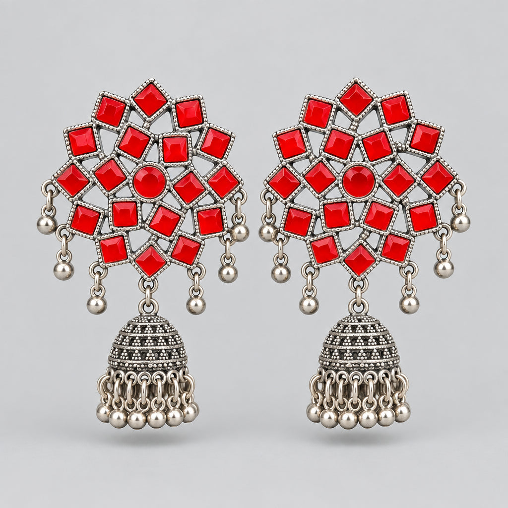Oxidized silver finish red kundan meenakari chandbali style jhumka earrings, bridal statement jewelry, geometric red stones with silver jhumki, Pakistani Indian wedding wear.