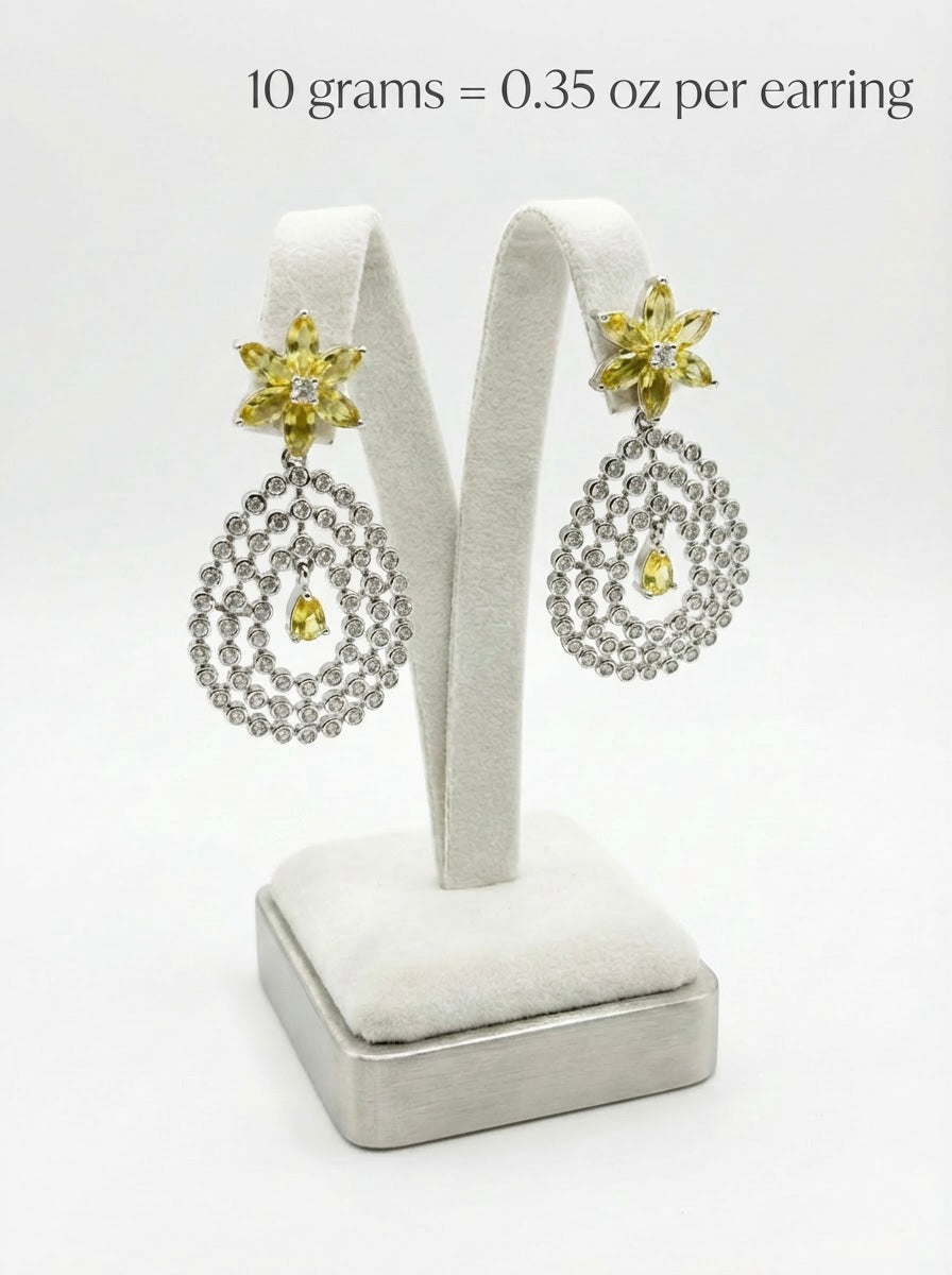 Pair of earrings on a white stand with weight information displayed.
