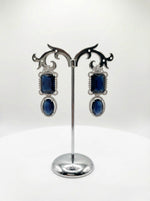 Pair of earrings with blue gemstones on a decorative stand against a white background