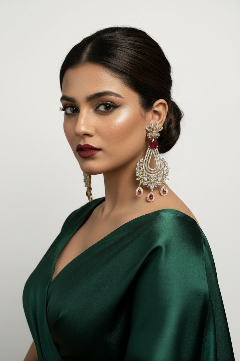 Woman wearing a green dress and large earrings against a green curtain background.