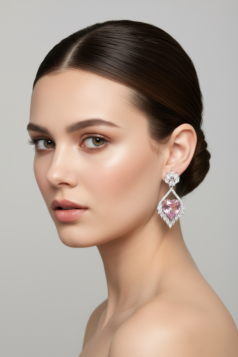 Woman wearing a pair of earrings with a gray background