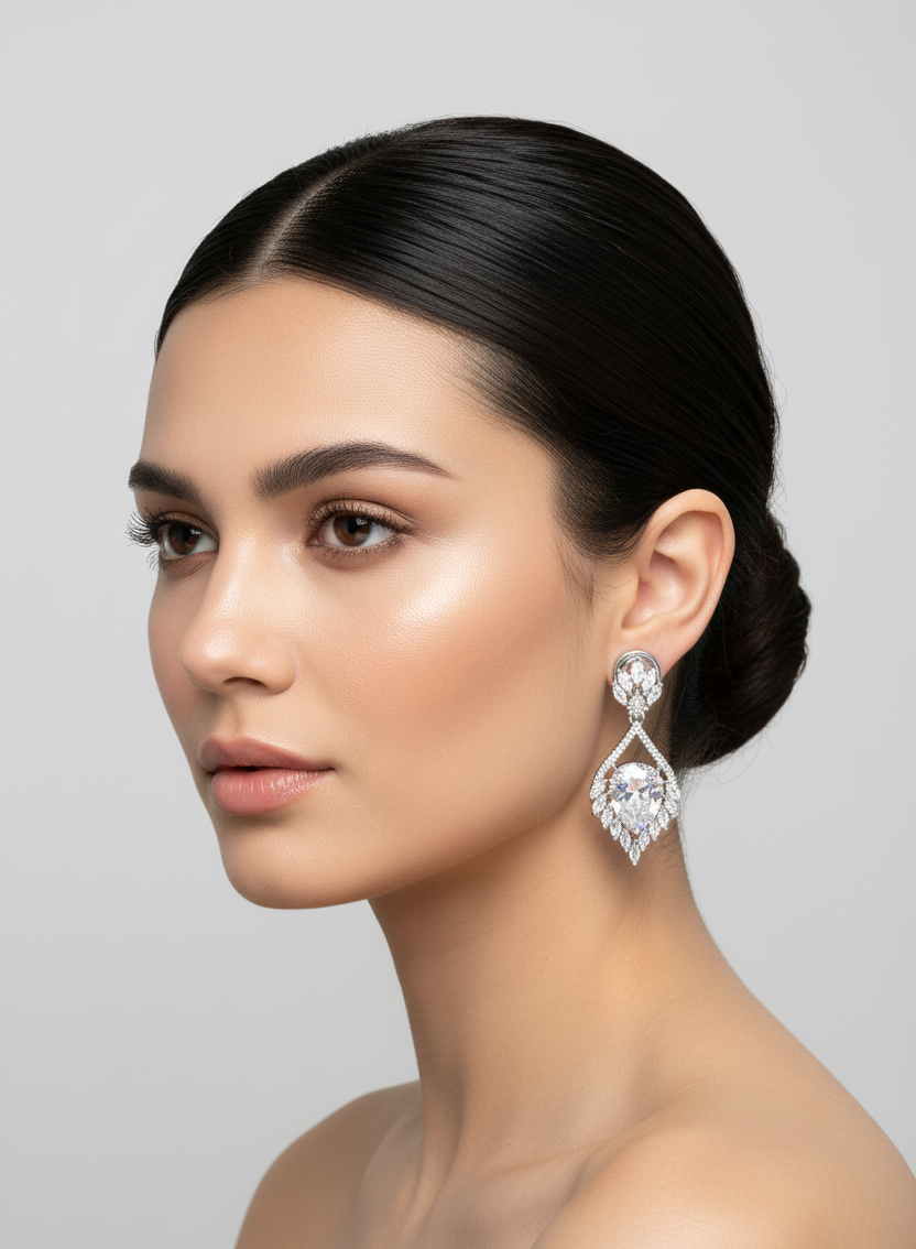 Woman wearing a pair of imitation American diamond earrings against a neutral background