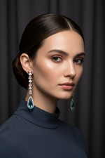 Woman wearing elegant earrings against a dark background