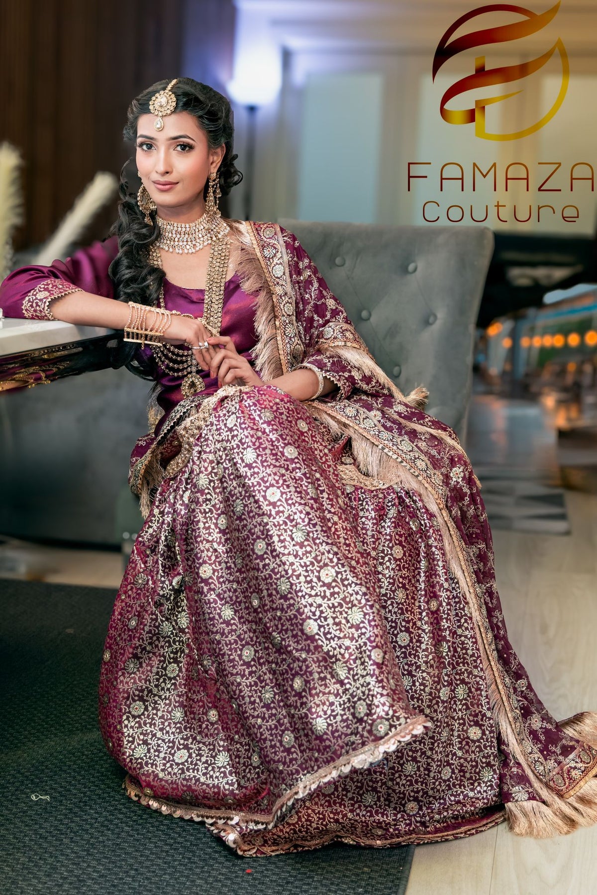 Full view of purple and gold Jahan Aara bridal outfit