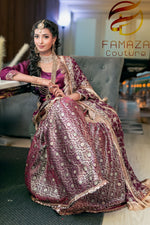 Full view of purple and gold Jahan Aara bridal outfit