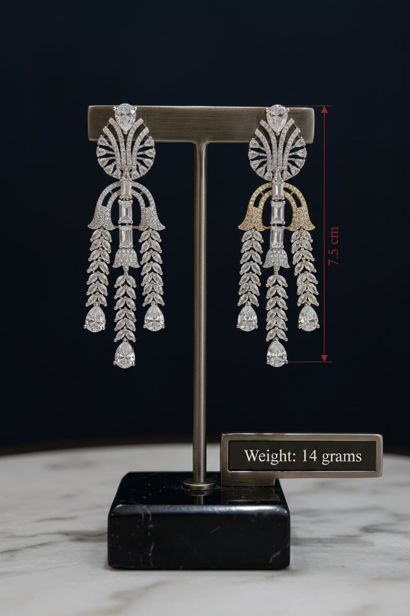 Art Deco style palm cascade earrings silver plated, encrusted with cubic zirconia, long dangling design for weddings and formal events