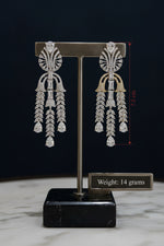 Art Deco style palm cascade earrings silver plated, encrusted with cubic zirconia, long dangling design for weddings and formal events