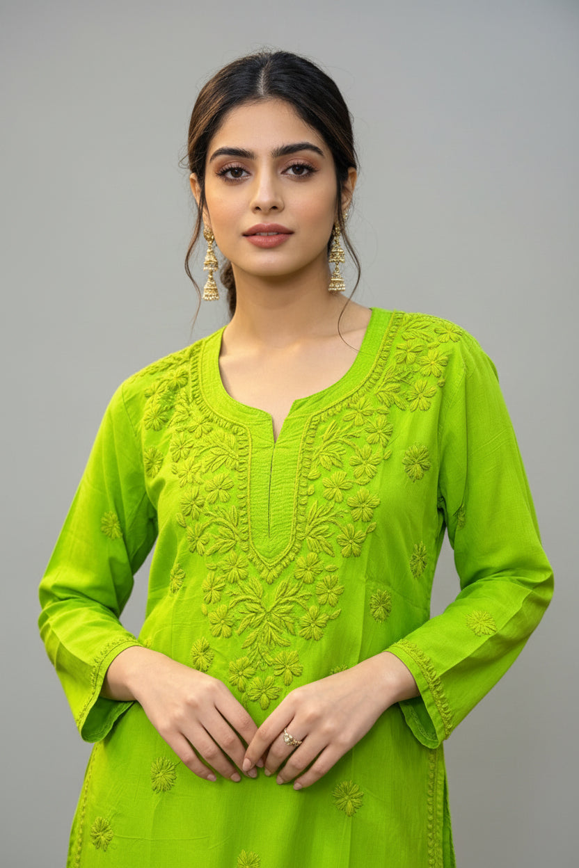 Front view of a woman wearing a vibrant parrot green cotton short kurti featuring intricate matching floral embroidery, a keyhole neckline, and a square hem line, styled with traditional earrings.