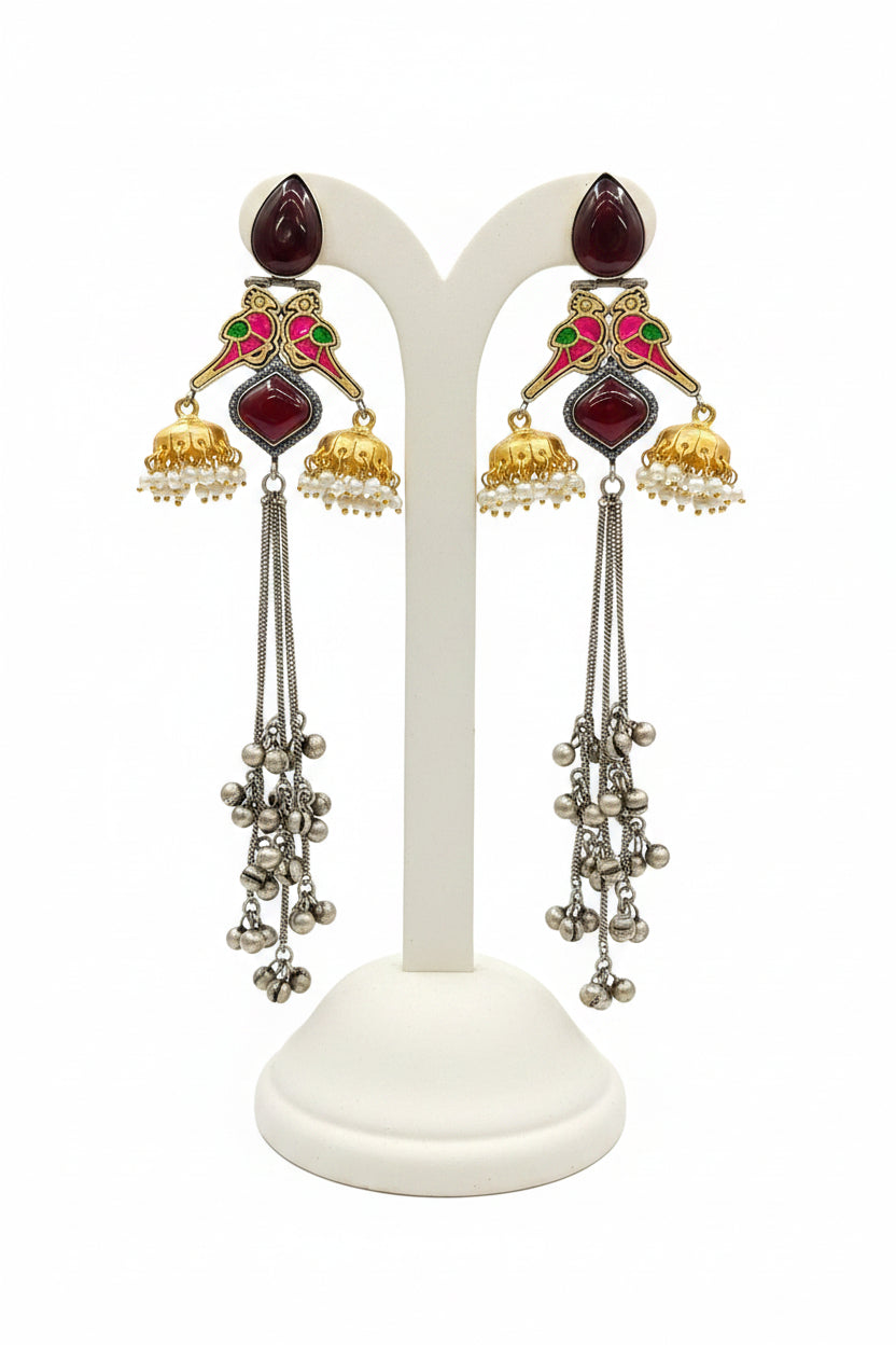 Parrot figure black and golden long Kashmiri earrings. 