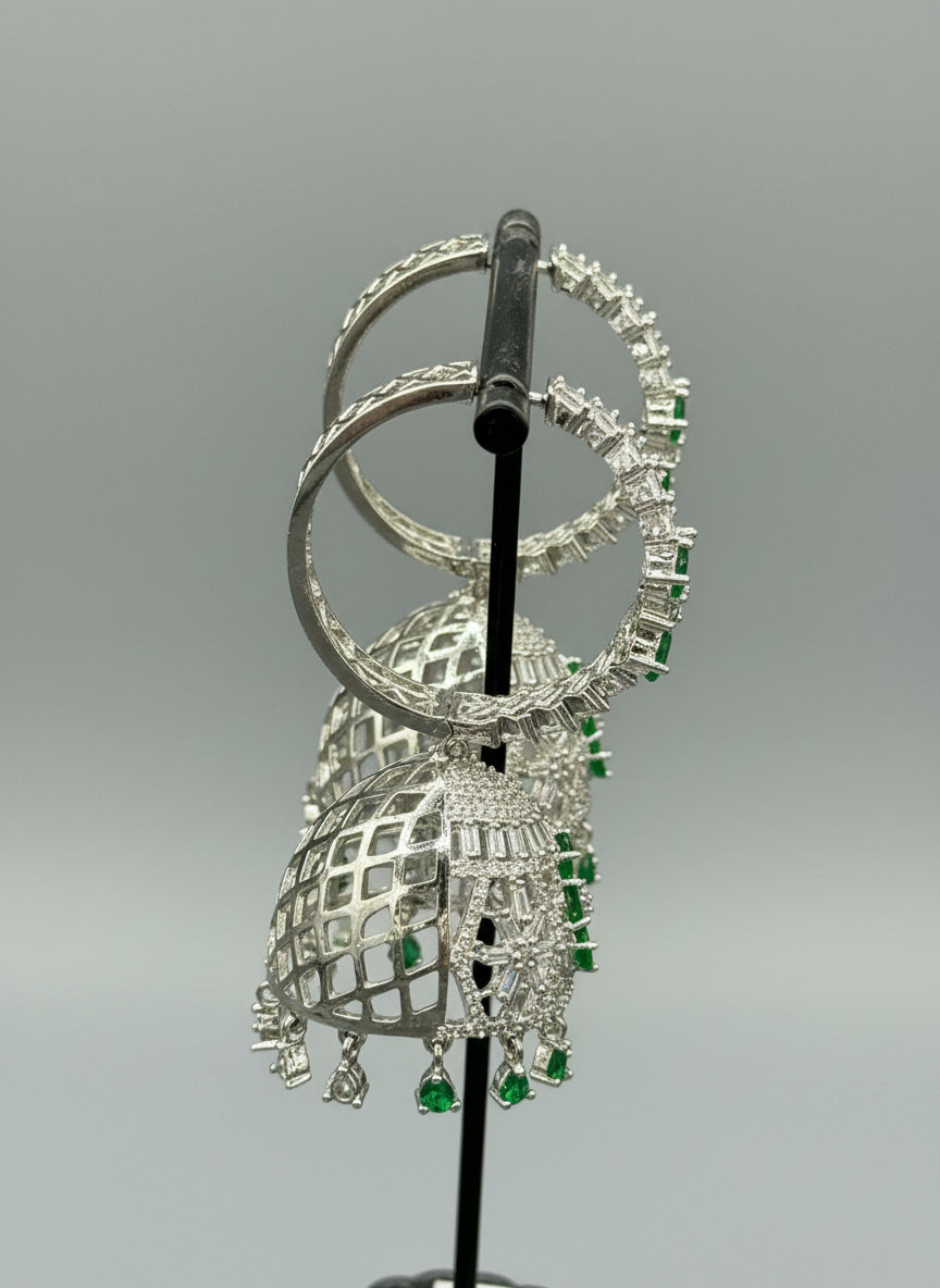 Party wear earrings side and back design is shwoing in the image. Round bali on top and jhumka in the bottom style earrings 