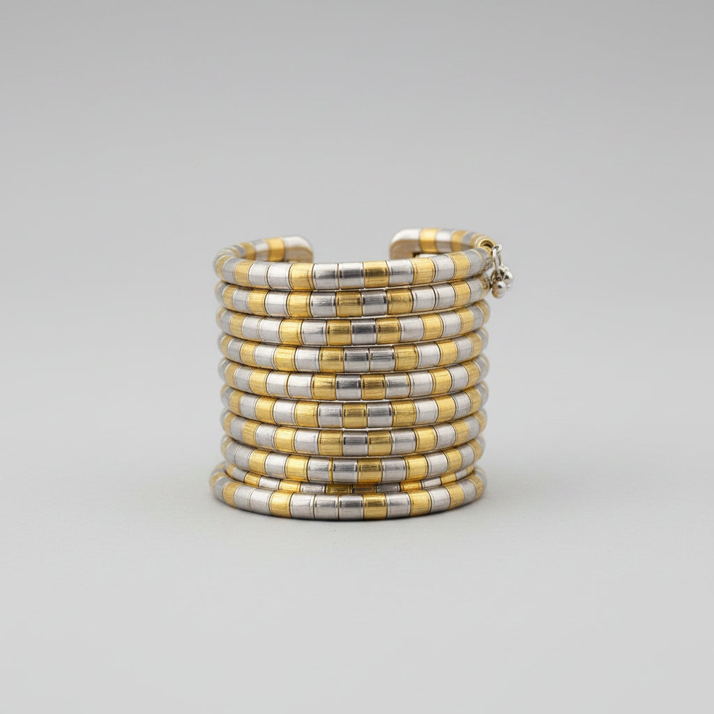 Parvati Dual-Tone Metallic Spiral Cuff Bracelet by Famaza Couture — gold and silver two-tone coiled spiral bracelet on luxury display tray