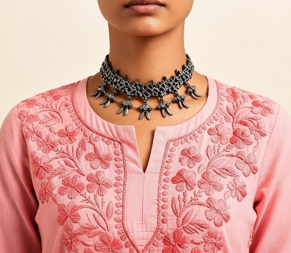 Close-up view of the neckline and chest area of a blush pink cotton short kurti featuring dense, intricate pink floral embroidery and a keyhole neckline, styled with an ornate silver choker necklace.
