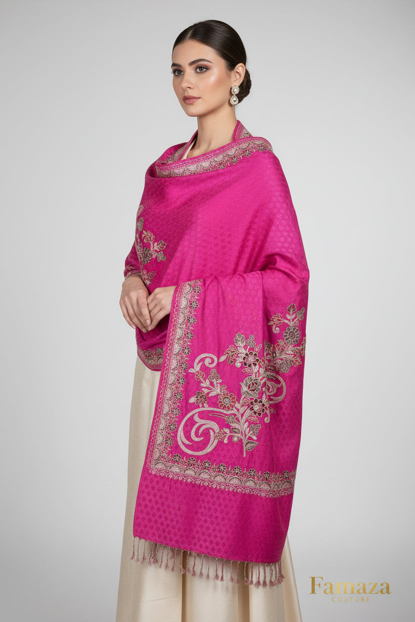 The pink Kashmiri Aari embroidered marina scarf with tassels hanging at the ends, displayed on a wooden hanger with greenery in the background.