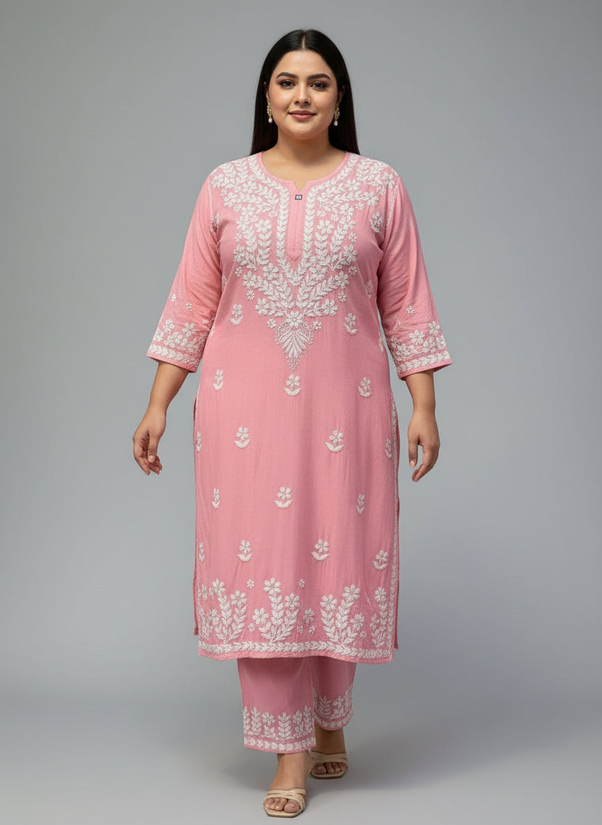 Pinkcolour rayon fabric UK 5XL plus size chikankari kurti with white thread embroidery.